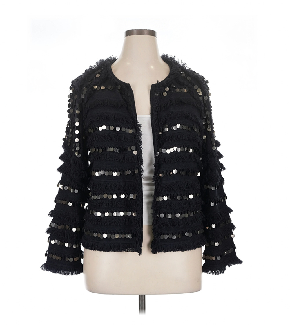 Kobi Halperin Reed Fringe and Embellished Cardigan Sweater Large Navy EUC